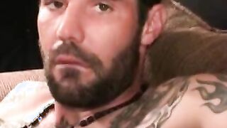 Inked amateur fondles his balls and jerks off until he cums