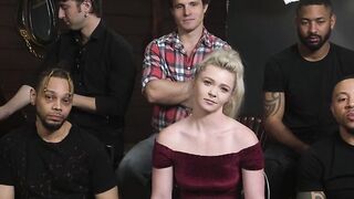 Cheating blonde fucked by five cocks in rope bondage