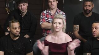 Cheating blonde fucked by five cocks in rope bondage