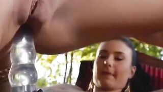 An outdoor brat grabbed the ass of a blonde sub lesbian