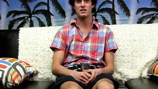 Thin fella takes his underwear off and wanks after interview