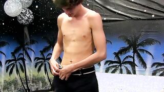 Thin fella takes his underwear off and wanks after interview