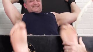 Restrained mature guy tickled with feather by a gay freak