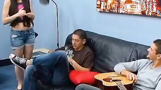 Mina Lee takes 2 huge dicks at college