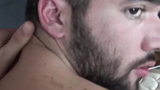 Bearded Latino jock rides raw reverse cowboy with throbbing cock