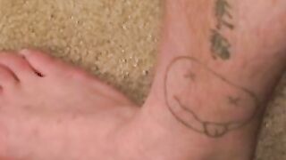 Hairy old man shoots jizz after wanking cock solo