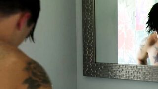 Tattooed jocks take turns with bareback sex before orgasm