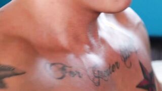 Tattooed jocks take turns with bareback sex before orgasm