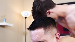 Twink gets a sensual caress by his lively gay and barebacks him