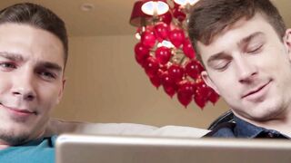 Gay handsome Spencer Laval wanks off before BJ and bareback