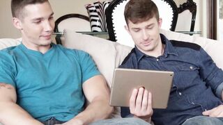 Gay handsome Spencer Laval wanks off before BJ and bareback