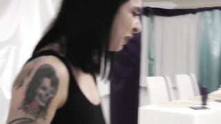 Naughty teen pussy licks goth MILF while getting fucked