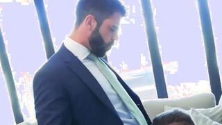 Men in suit and tie vigorously analpound after wet blowjobs
