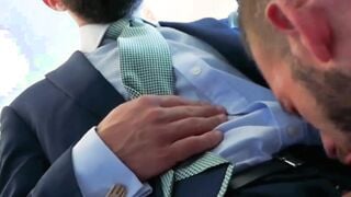 Men in suit and tie vigorously analpound after wet blowjobs