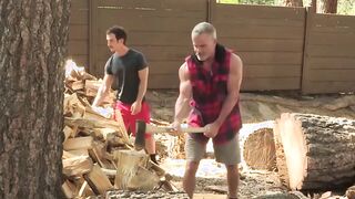 Studly stepdad spitroasted by stepsons in the wake of slashing wood