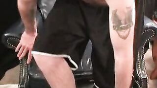 Hairy and mature guy shows off tattoos before wanking solo
