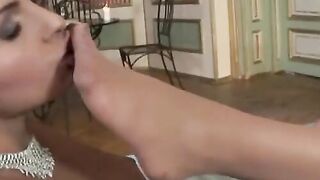 Gorgeous lesbian babe with a strapon fucked in the piss
