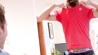 Young masked jock strips naked for middle aged perv