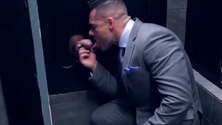 Classy hunk sucks gloryhole cock before threeway drilling