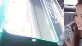 Slutty Japanese chick pisses in the middle of car ride