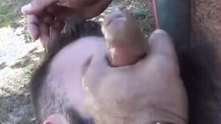 Tattooed stud blows big dick outdoor for huge cum eating