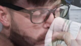 Handsome stud Kyle Hart smelling jock straps while jerking off his horny cock