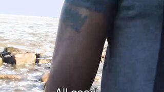 Young black jock sucks and tastes cum in threesome outdoor