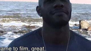 Young black jock sucks and tastes cum in threesome outdoor