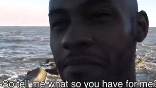 Young black jock sucks and tastes cum in threesome outdoor