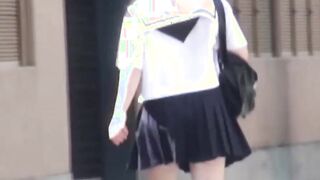 Redhead Japanese with short hair is peeing in the city