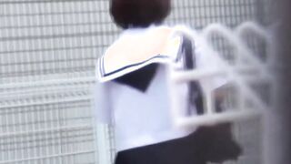 Redhead Japanese with short hair is peeing in the city