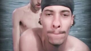 Big cocked young amateur vigorously strokes his cock outdoor