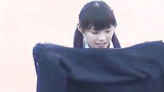 Three Japanese schoolgirls pissing hard together in public
