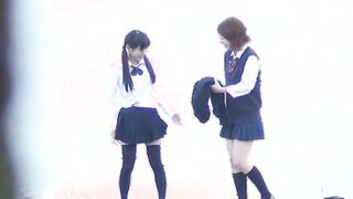 Three Japanese schoolgirls pissing hard together in public