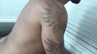 Bald horny jock sprayed with cum after sloppy throuatfuck