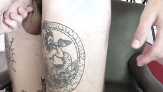 Latino tattooed gay bareback riding huge cock before facial