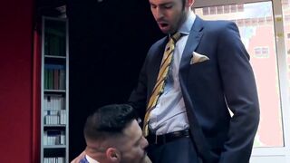 Executive has his hard dick slobbered on and his ass pounded