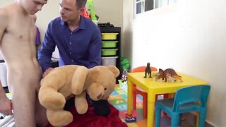 Before a 3 Way with fleshlight the stepdad gives the stepson a handjob