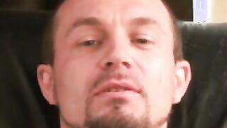 Hairy mature stud tugs on his dick and explodes with jizz
