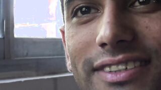 Unmarried Latino straight man soliciting money while baring his back