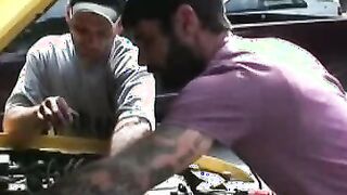 Hairy studs fix a car and end up rawfucking deep and hard