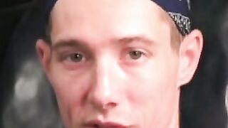 Rough gay shows off his body and big cock while masturbating