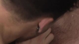Dominant gay master toys his tied up slave and wanks him