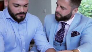 Hardcore fucking with two office dudes wearing a suit each