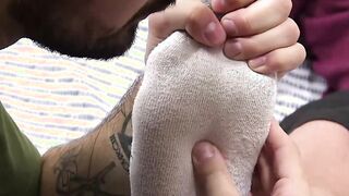 Amateur feet worshiper licks toes and feet with socks