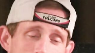 Amateur shoots a load in his hand after solo masturbation