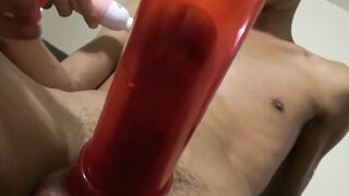 Japanese twink stimulated with vibrator and dick pump