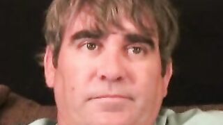 Older stud jerks himself off to orgasm after an interview