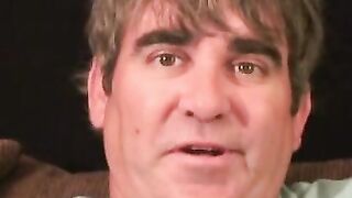 Older stud jerks himself off to orgasm after an interview