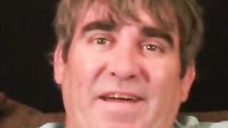 Older stud jerks himself off to orgasm after an interview